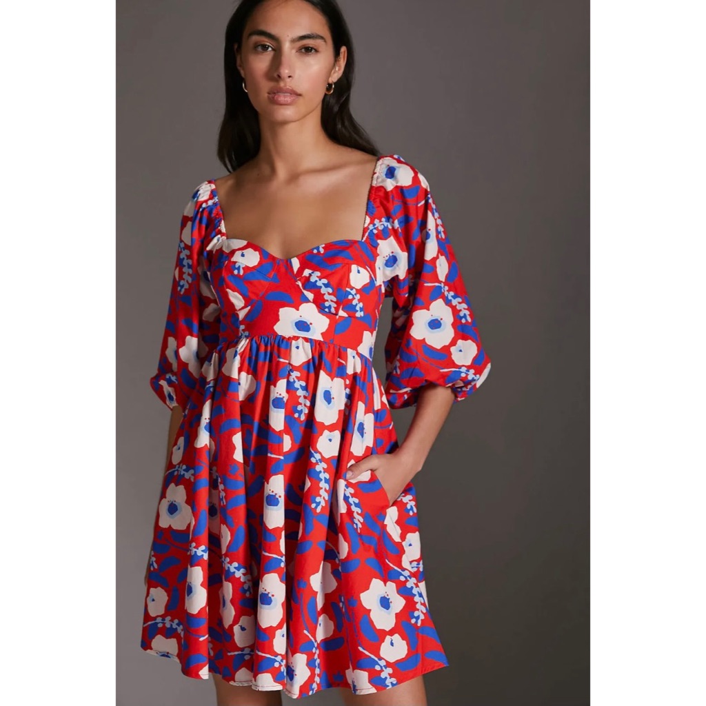 Anthropologie Floral Printed Sweetheart Half Sleeve Mini Dress Red Large